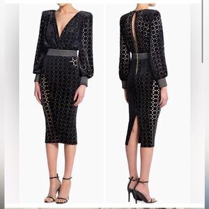 ZHIVAGO Level Laser-Cut Keyhole Velvet Midi-Dress 4, Black NWOT